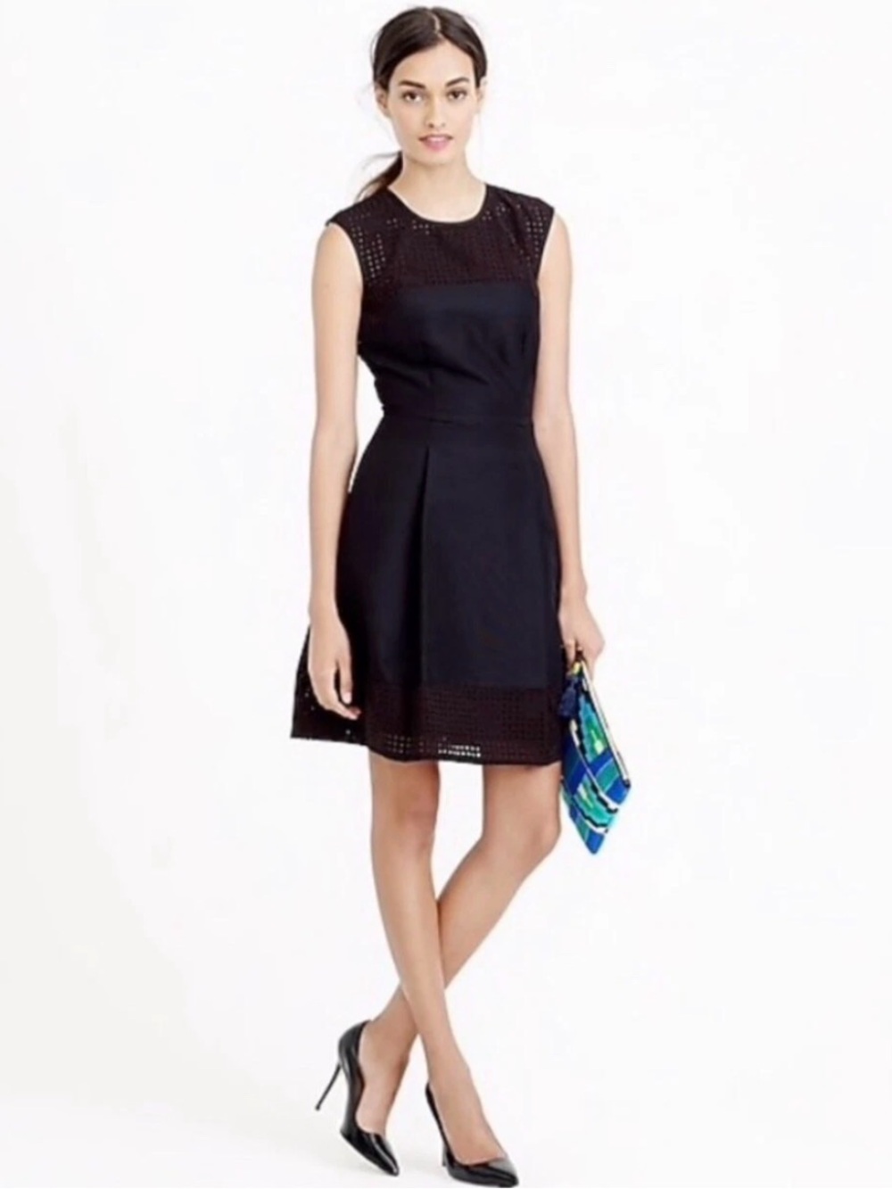 J.Crew black perforated sleeveless A-line cocktail silk blend dress